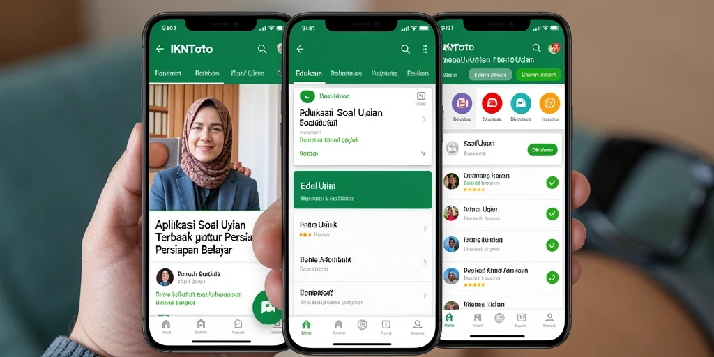 Tampilan antarmuka aplikasi IKNTOTO menampilkan fitur Soal Ujian yang interaktif.
