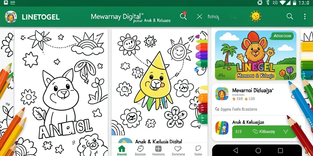 Tampilan antarmuka aplikasi LINETOGEL saat mewarnai gambar.