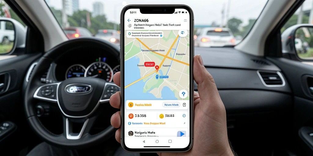 Antarmuka aplikasi ZONA66 yang menampilkan fungsi Navigasi Mobil.